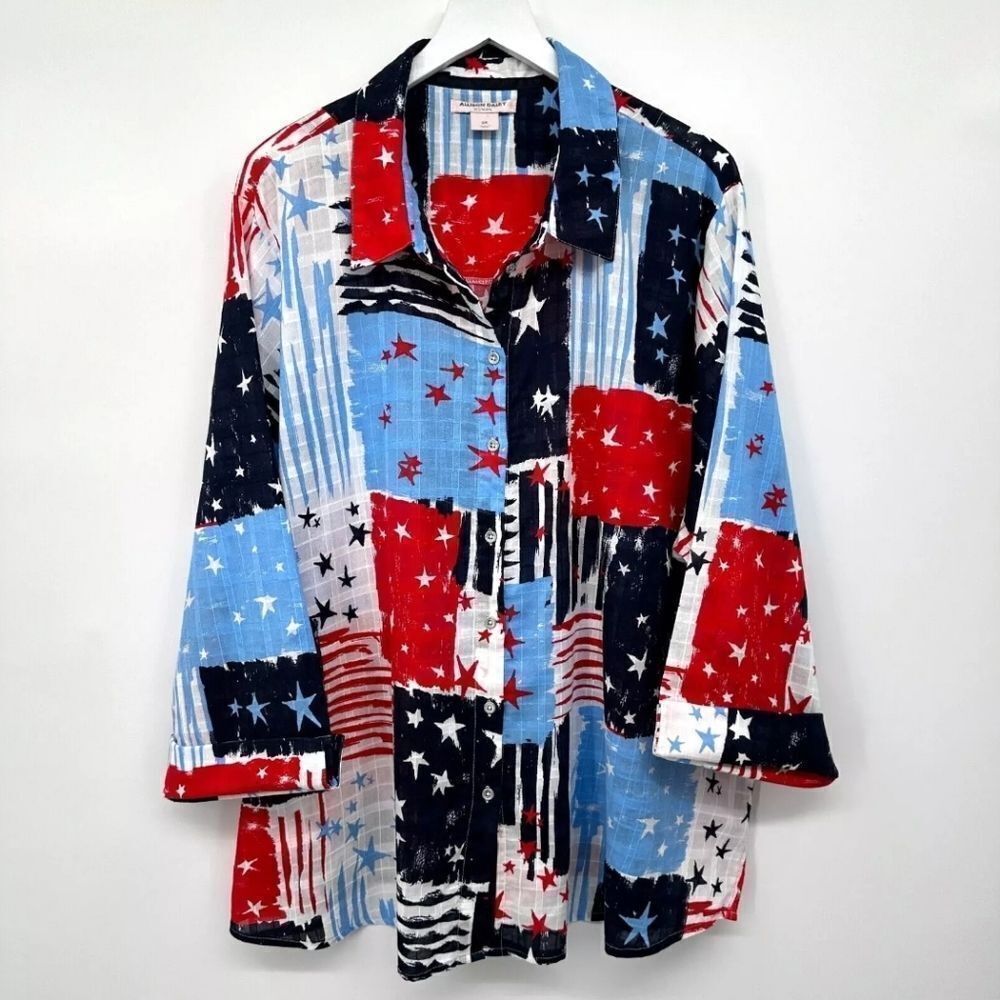 NWT Cotton Blend 94% USA Theme Stars & Stripes 3/4 Sleeve Flowy Shirt 1X 2X 3X